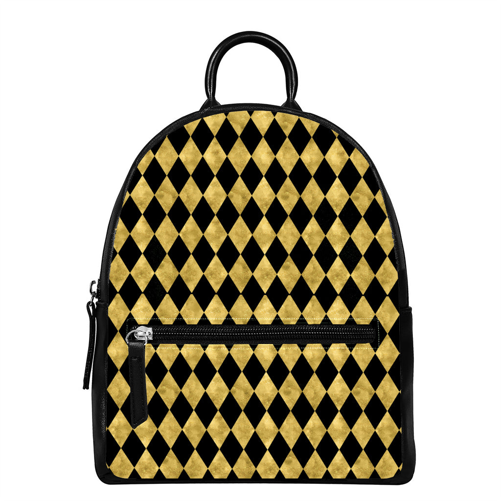 Black And Gold Harlequin Pattern Print Leather Backpack