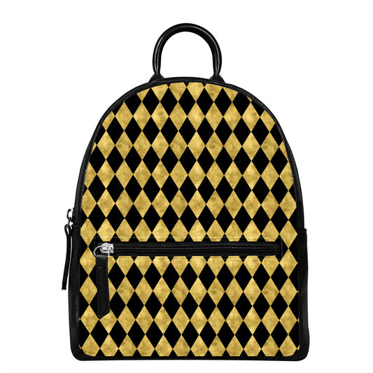 Black And Gold Harlequin Pattern Print Leather Backpack