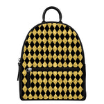 Black And Gold Harlequin Pattern Print Leather Backpack