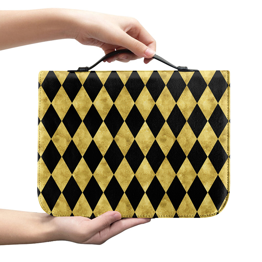 Black And Gold Harlequin Pattern Print Leather Bible Cover