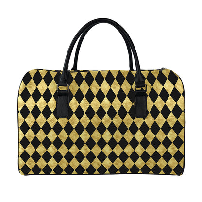 Black And Gold Harlequin Pattern Print Leather Duffle Bag