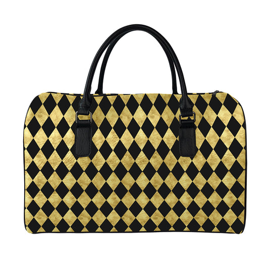 Black And Gold Harlequin Pattern Print Leather Duffle Bag