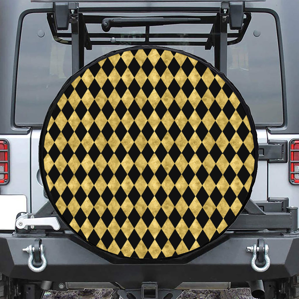Black And Gold Harlequin Pattern Print Leather Spare Tire Cover