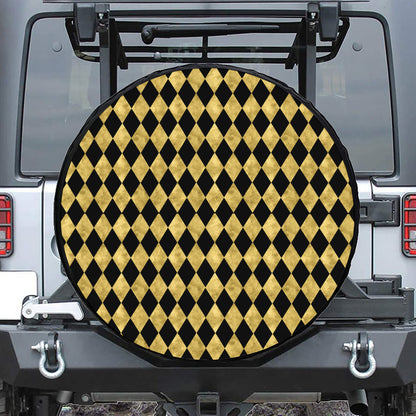 Black And Gold Harlequin Pattern Print Leather Spare Tire Cover