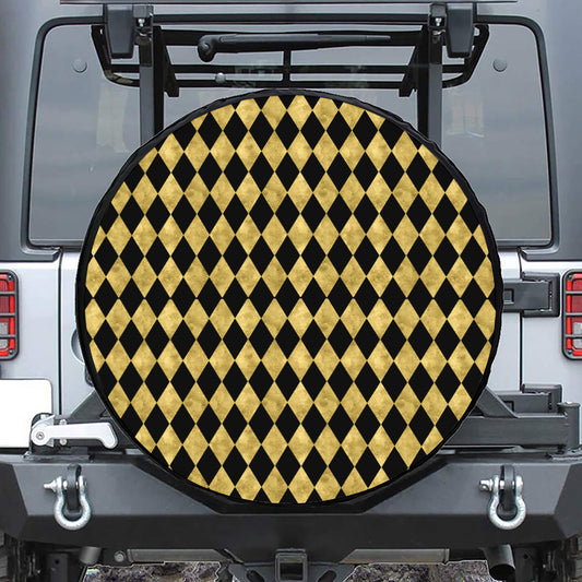 Black And Gold Harlequin Pattern Print Leather Spare Tire Cover