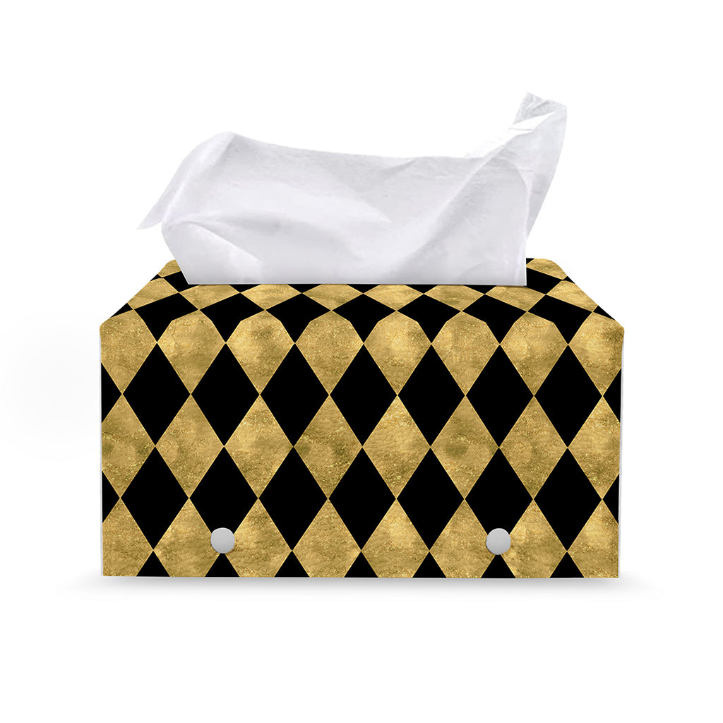 Black And Gold Harlequin Pattern Print Leather Tissue Box Cover