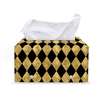 Black And Gold Harlequin Pattern Print Leather Tissue Box Cover