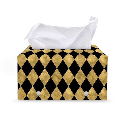 Black And Gold Harlequin Pattern Print Leather Tissue Box Cover