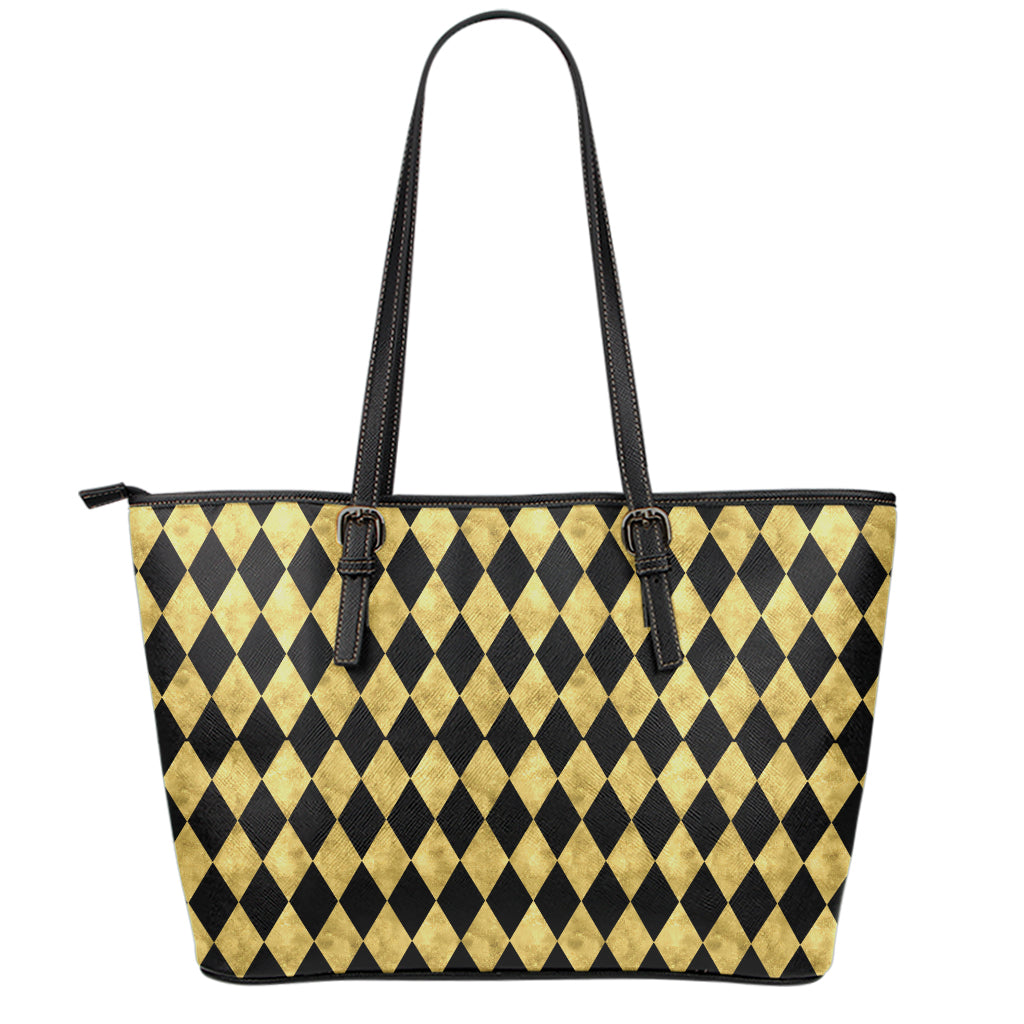 Black And Gold Harlequin Pattern Print Leather Tote Bag