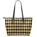 Black And Gold Harlequin Pattern Print Leather Tote Bag With Zipper