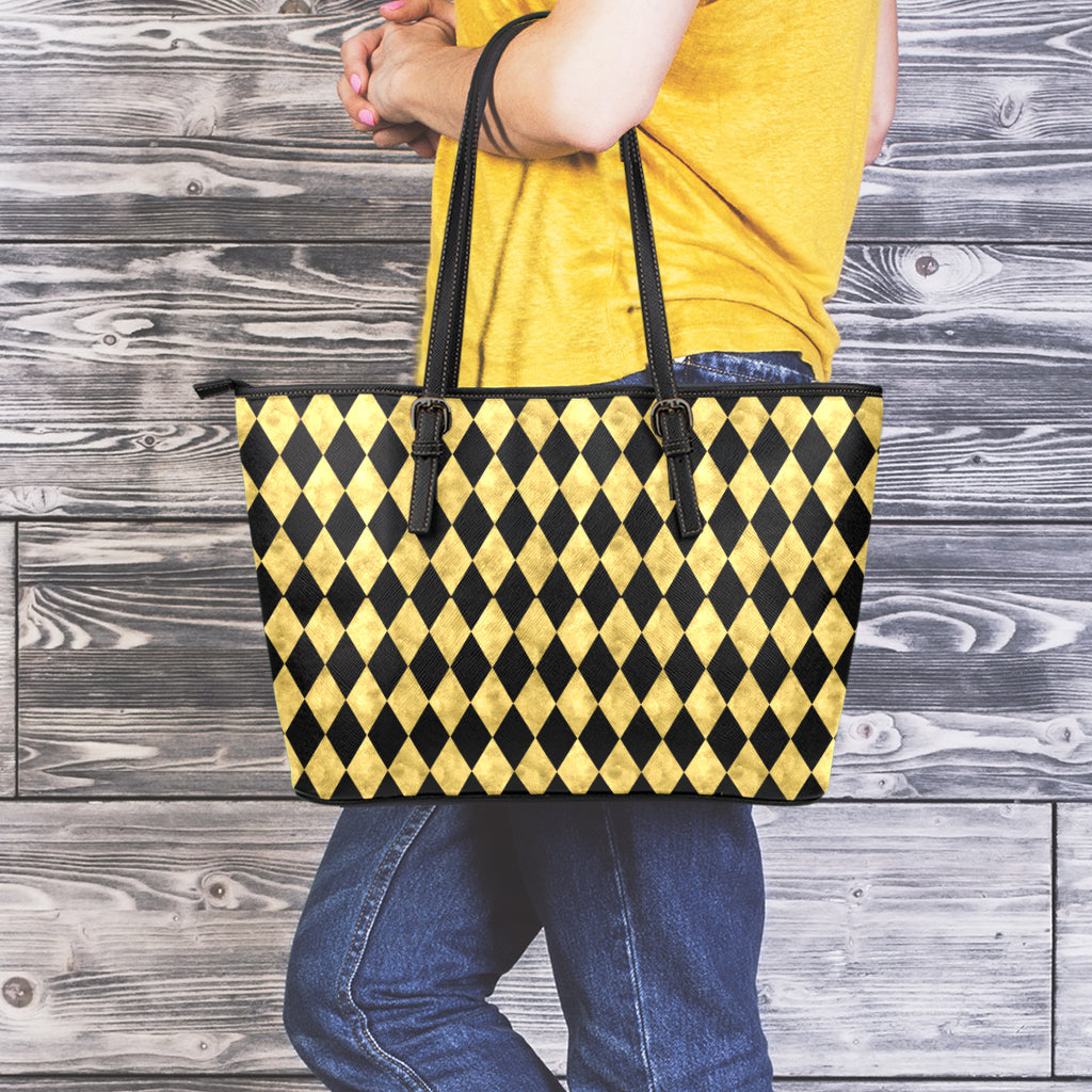 Black And Gold Harlequin Pattern Print Leather Tote Bag