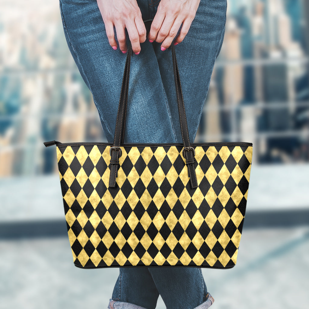 Black And Gold Harlequin Pattern Print Leather Tote Bag