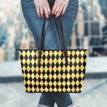 Black And Gold Harlequin Pattern Print Leather Tote Bag
