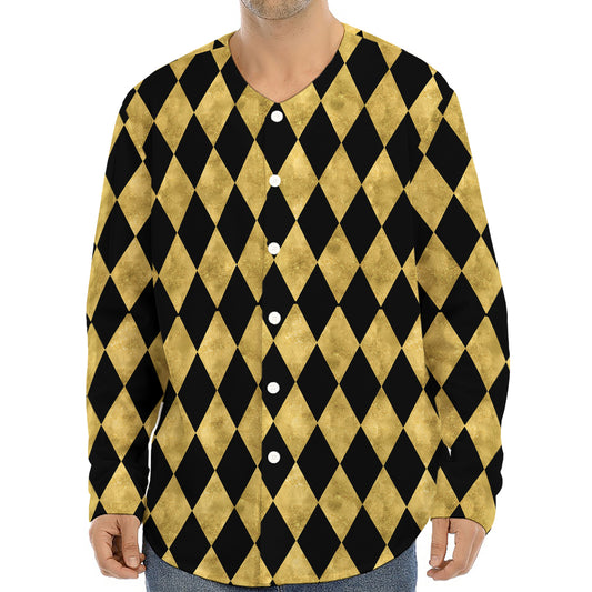 Black And Gold Harlequin Pattern Print Long Sleeve Baseball Jersey
