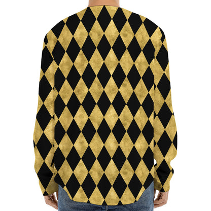 Black And Gold Harlequin Pattern Print Long Sleeve Baseball Jersey