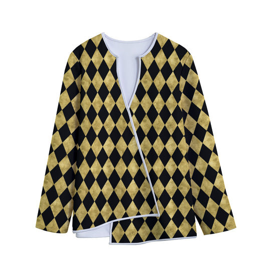 Black And Gold Harlequin Pattern Print Long Sleeve Short Coat