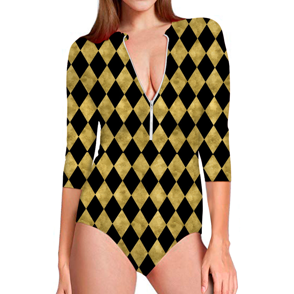 Black And Gold Harlequin Pattern Print Long Sleeve Swimsuit