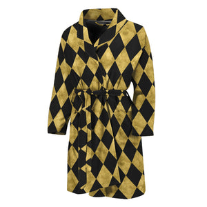 Black And Gold Harlequin Pattern Print Men's Bathrobe