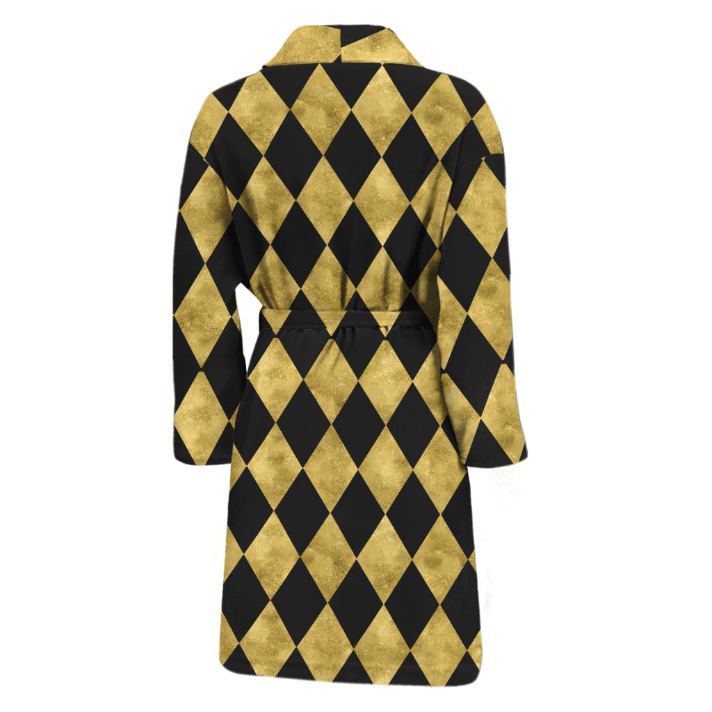 Black And Gold Harlequin Pattern Print Men's Bathrobe