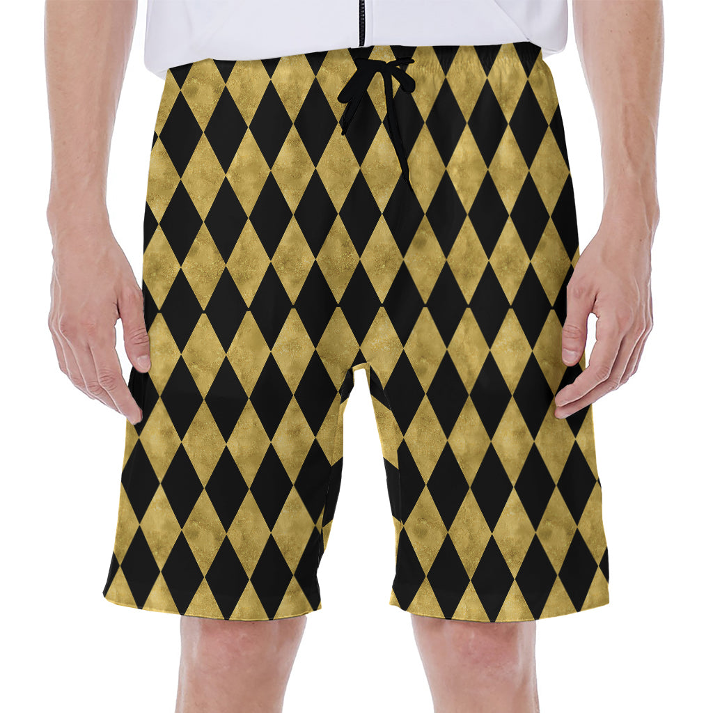Black And Gold Harlequin Pattern Print Men's Beach Shorts
