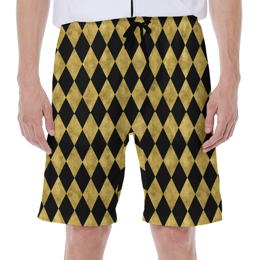 Black And Gold Harlequin Pattern Print Men's Beach Shorts