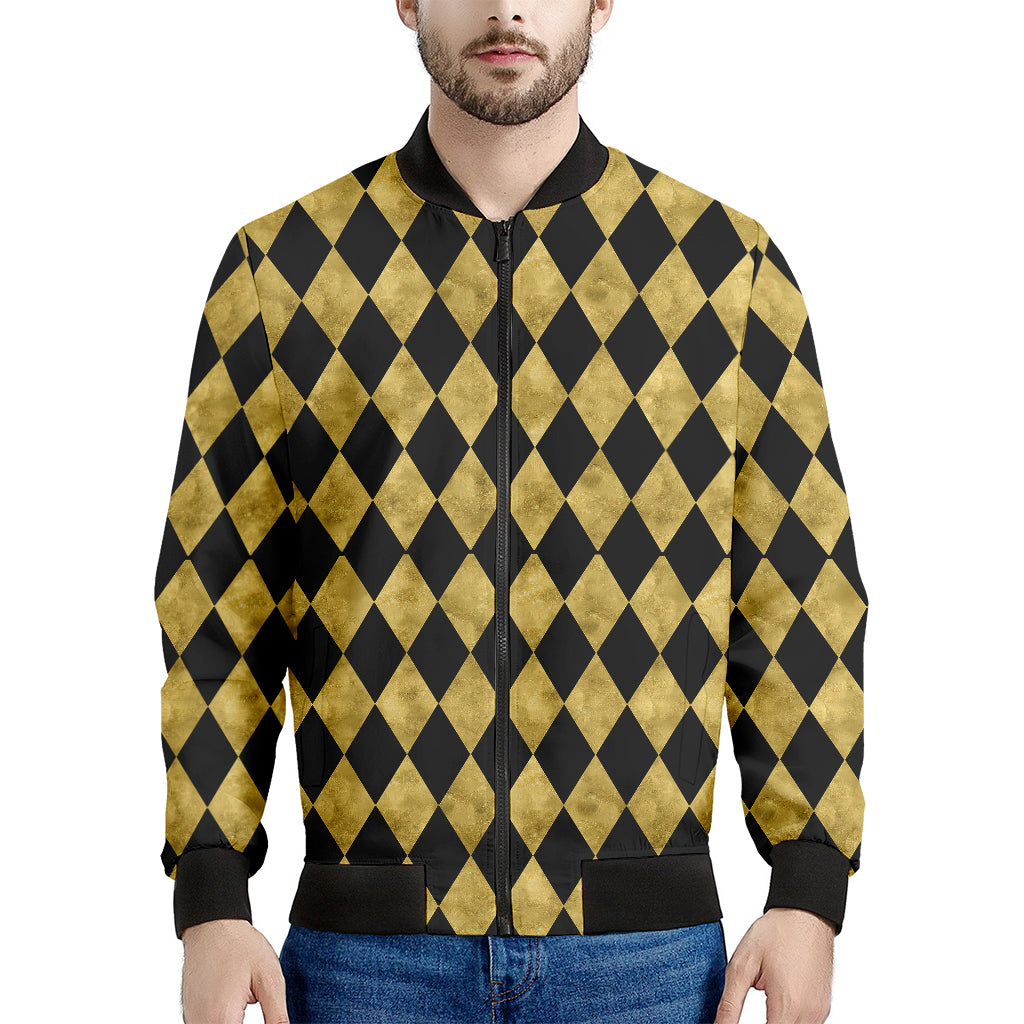 Black And Gold Harlequin Pattern Print Men's Bomber Jacket