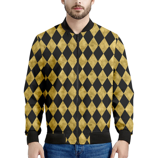 Black And Gold Harlequin Pattern Print Men's Bomber Jacket