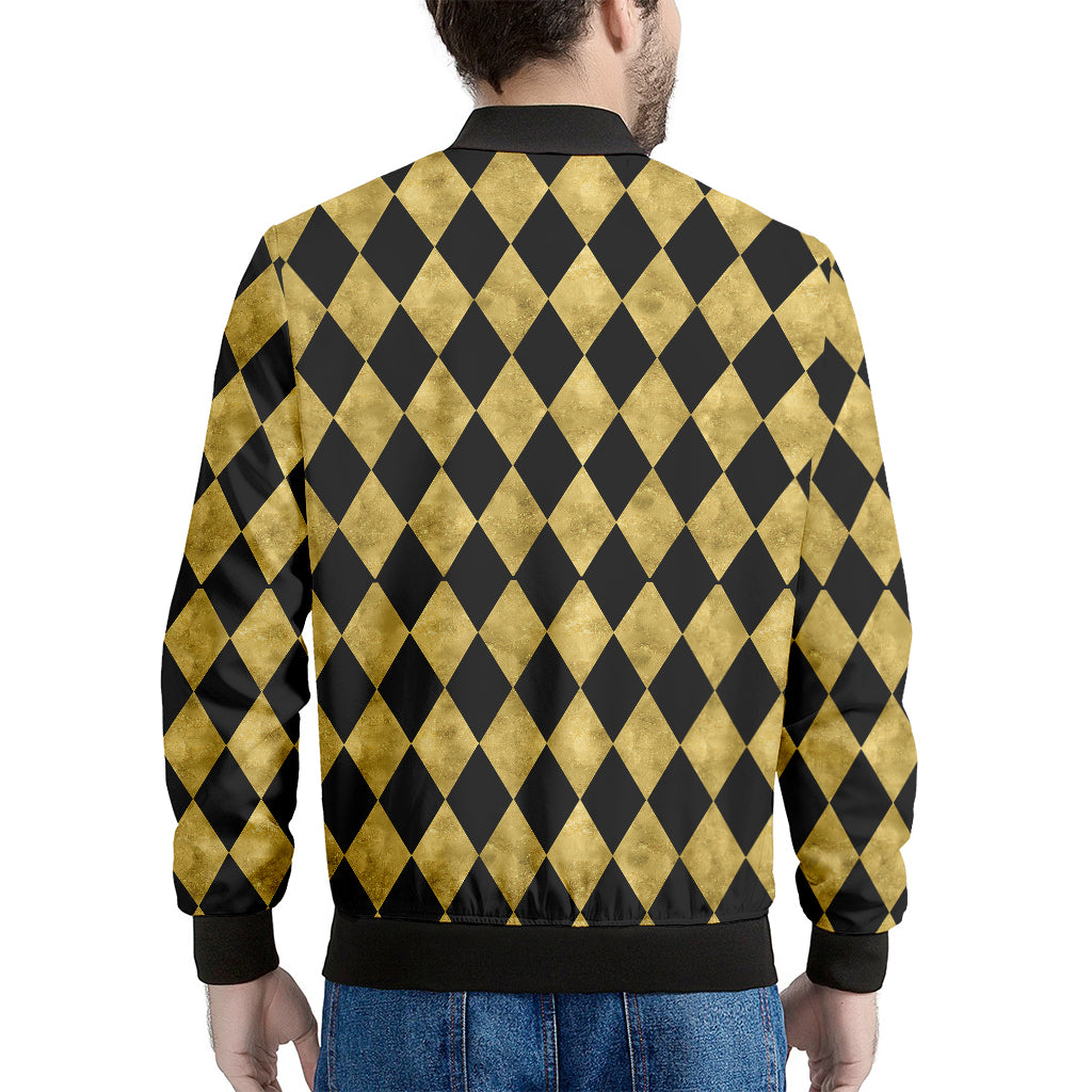 Black And Gold Harlequin Pattern Print Men's Bomber Jacket
