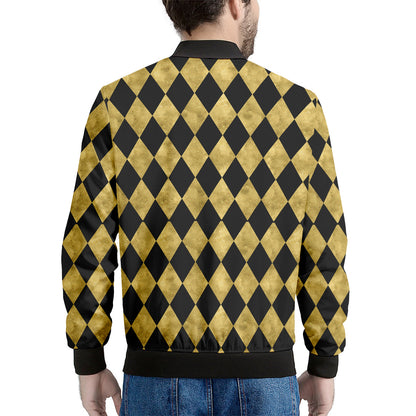 Black And Gold Harlequin Pattern Print Men's Bomber Jacket