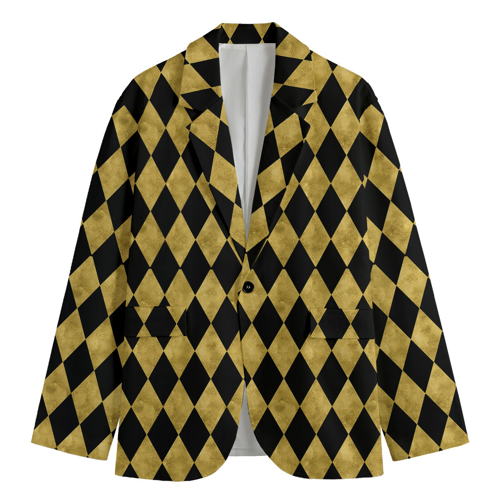 Black And Gold Harlequin Pattern Print Men's Cotton Blazer