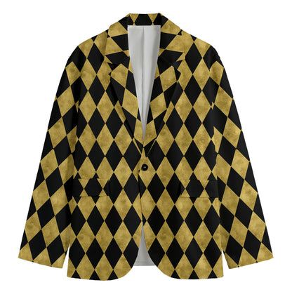 Black And Gold Harlequin Pattern Print Men's Cotton Blazer