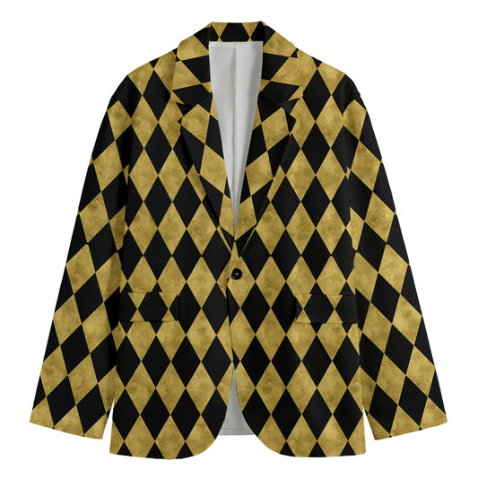 Black And Gold Harlequin Pattern Print Men's Cotton Blazer