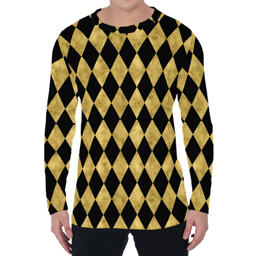 Black And Gold Harlequin Pattern Print Men's Long Sleeve T-Shirt