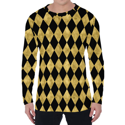 Black And Gold Harlequin Pattern Print Men's Long Sleeve T-Shirt