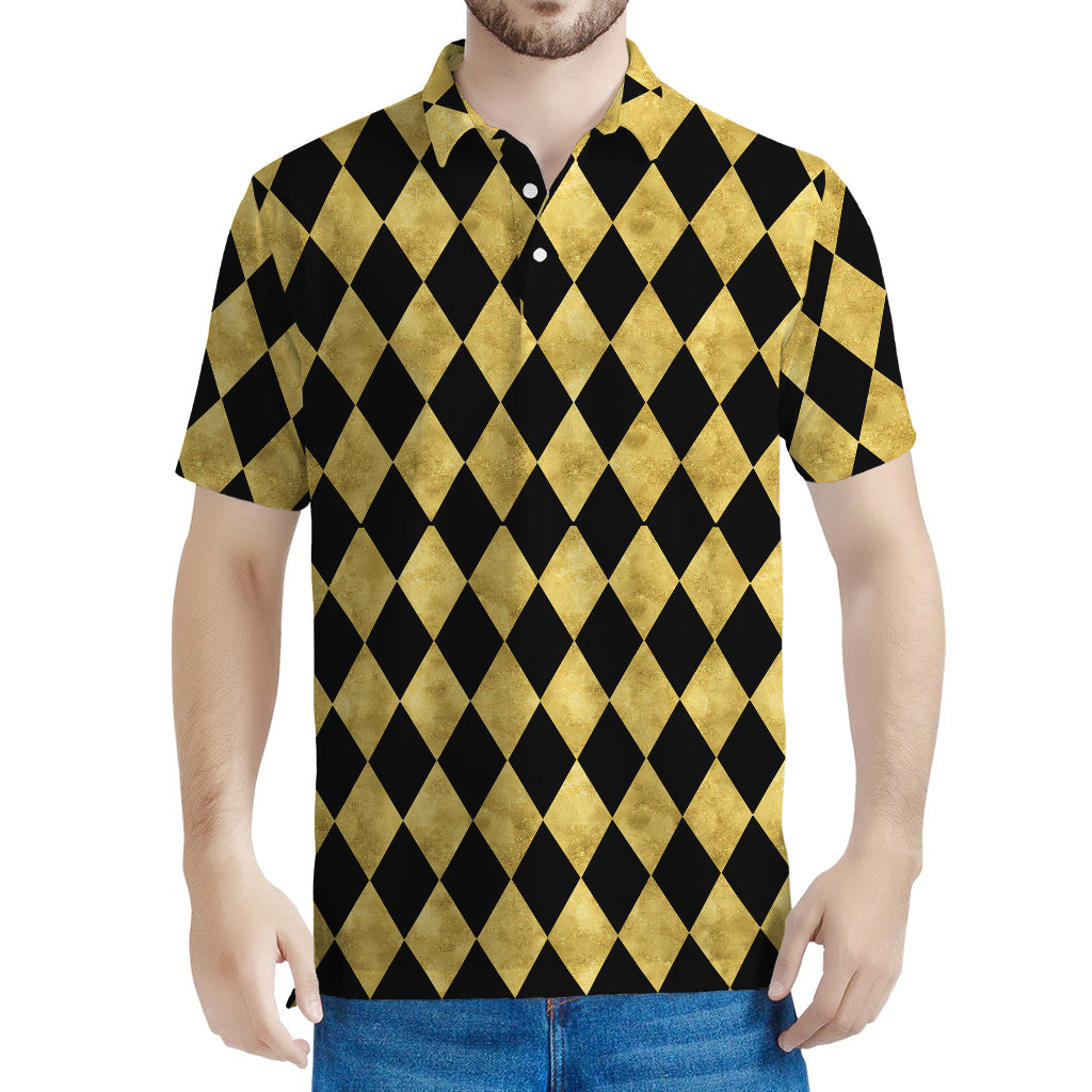 Black And Gold Harlequin Pattern Print Men's Polo Shirt