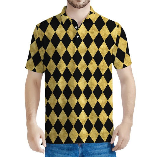 Black And Gold Harlequin Pattern Print Men's Polo Shirt