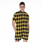 Black And Gold Harlequin Pattern Print Men's Rompers