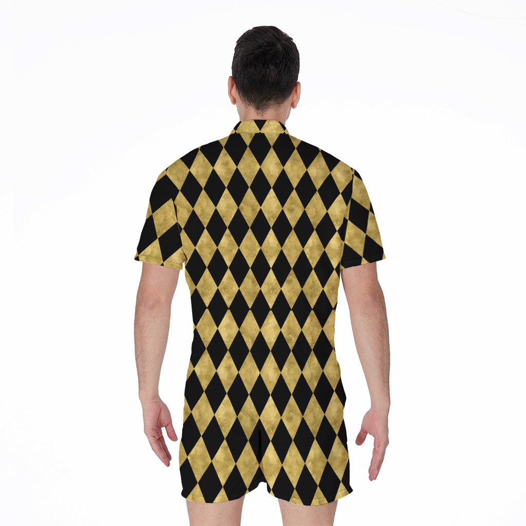 Black And Gold Harlequin Pattern Print Men's Rompers