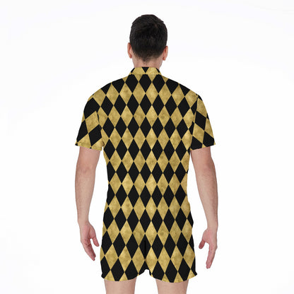 Black And Gold Harlequin Pattern Print Men's Rompers