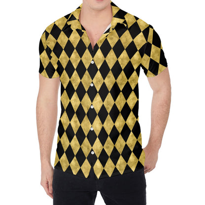 Black And Gold Harlequin Pattern Print Men's Shirt