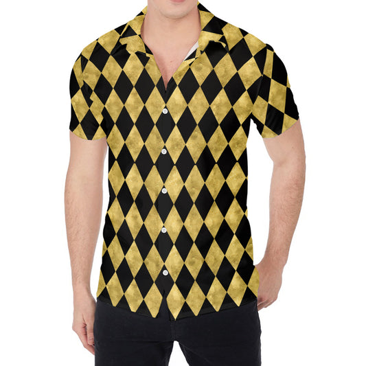Black And Gold Harlequin Pattern Print Men's Shirt