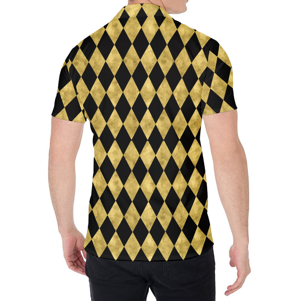 Black And Gold Harlequin Pattern Print Men's Shirt