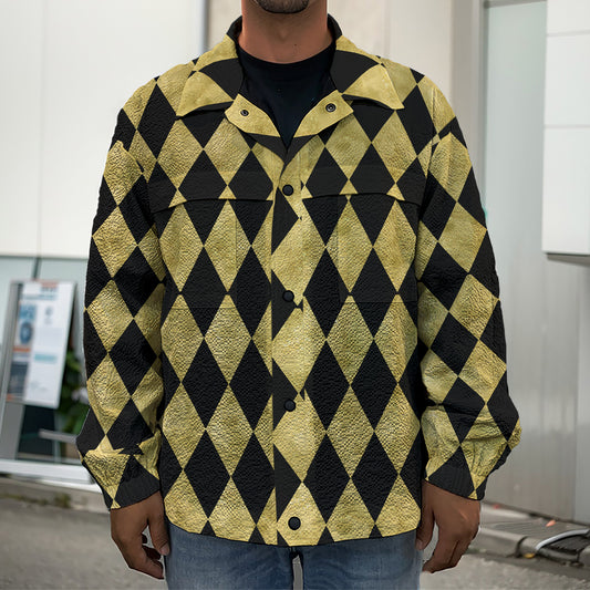 Black And Gold Harlequin Pattern Print Men's Shirt Jacket