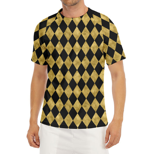 Black And Gold Harlequin Pattern Print Men's Short Sleeve Rash Guard