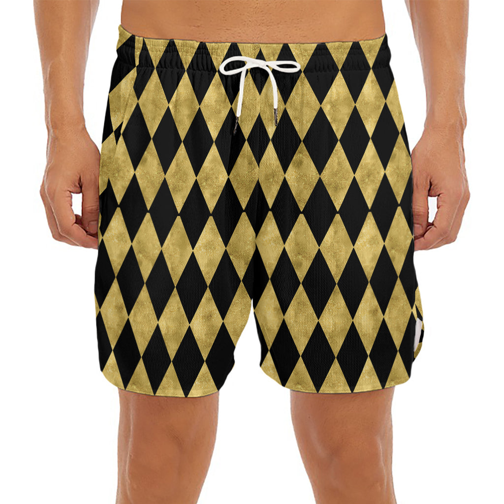 Black And Gold Harlequin Pattern Print Men's Split Running Shorts