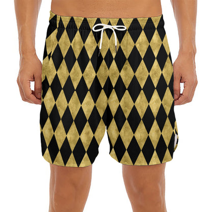 Black And Gold Harlequin Pattern Print Men's Split Running Shorts