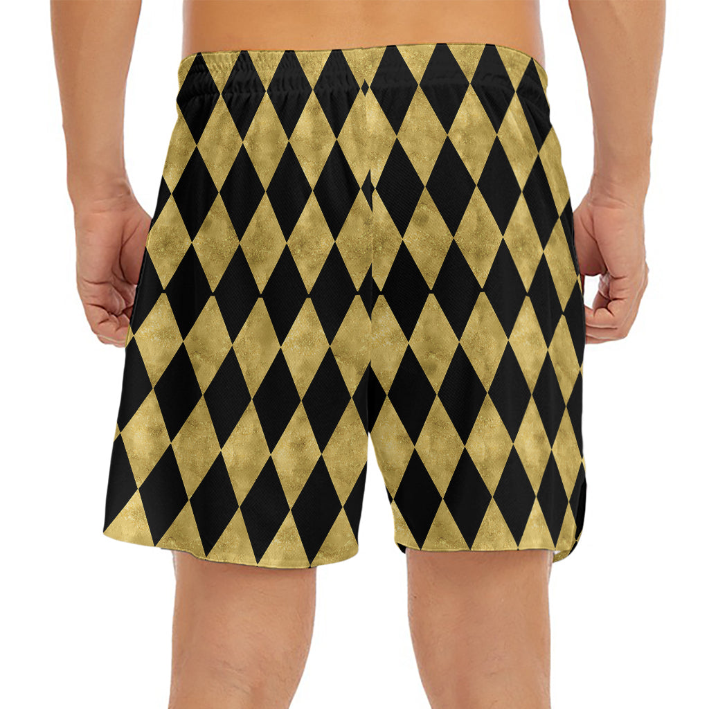Black And Gold Harlequin Pattern Print Men's Split Running Shorts