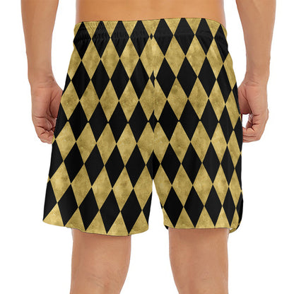 Black And Gold Harlequin Pattern Print Men's Split Running Shorts