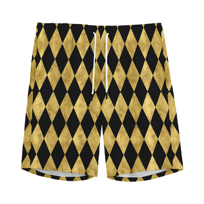 Black And Gold Harlequin Pattern Print Men's Sports Shorts