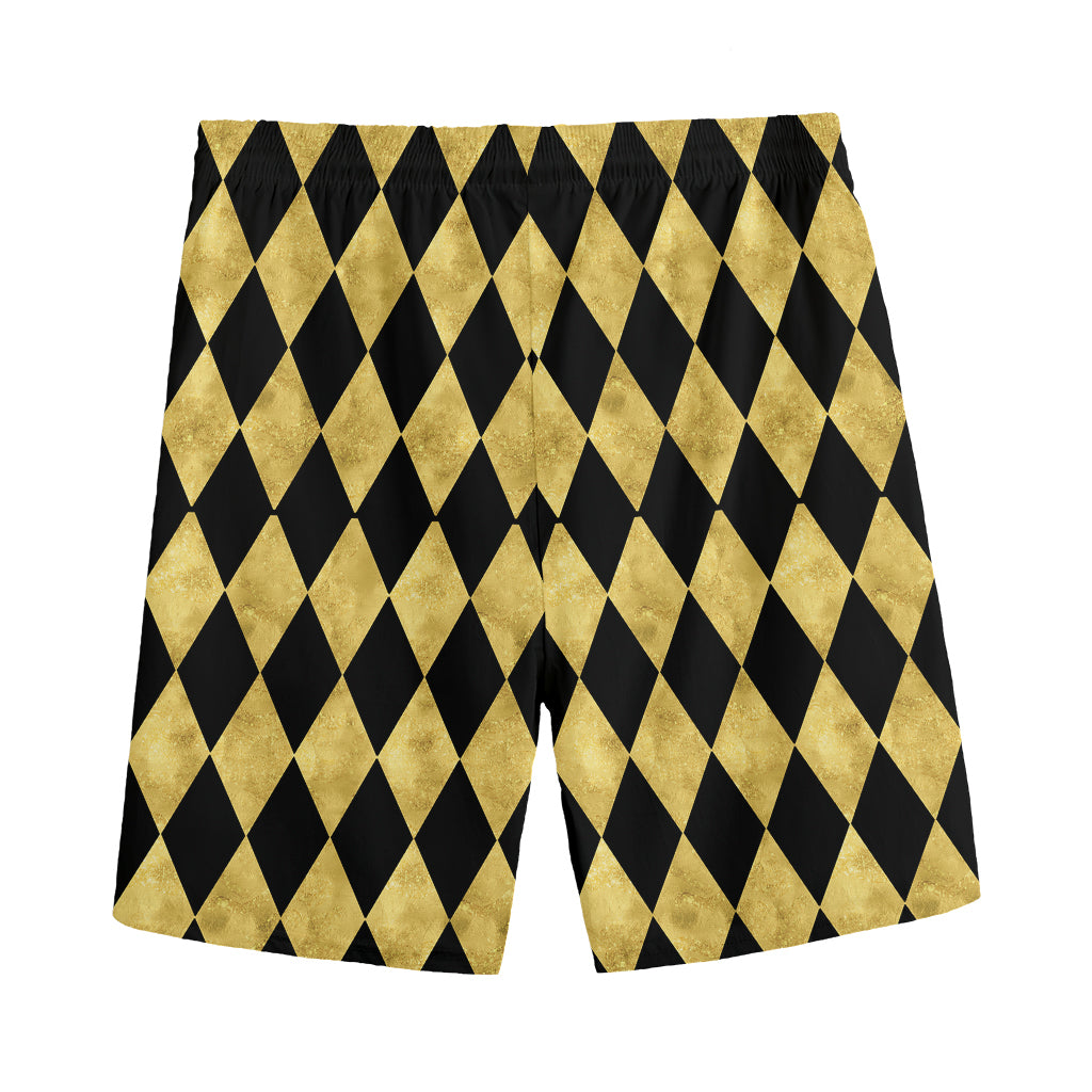 Black And Gold Harlequin Pattern Print Men's Sports Shorts